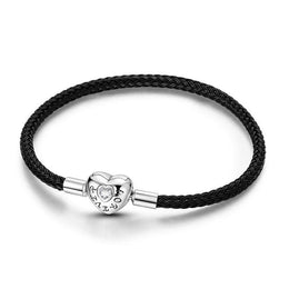 Black Braided Leather Bracelet with Heart Clasp