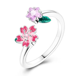 Blooming Pink Flower and Star Crystal Ring
