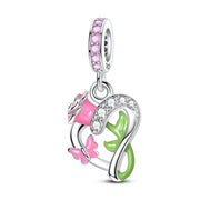 Blooming Rose & Butterfly Heart Dangle Charm