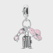 Travel Pandora Charm | Pink Sunglasses Suitcase Hat | Silver Dangle | Vacation Gift | Summer Trip Souvenir