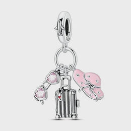 Travel Pandora Charm | Pink Sunglasses Suitcase Hat | Silver Dangle | Vacation Gift | Summer Trip Souvenir