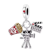 Movie Night Pandora Charm | Cinema Camera Popcorn | Silver Dangle | Hollywood Film Lover Gift