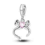 Ribbon Bow Pandora Charm | Pink Heart Crystal | Silver Gold Dangle | Coquette Love Gift