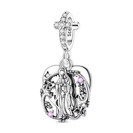 Virgin Mary Pandora Charm | Cross Heart Dangle | Silver Religious Jewelry | Baptism Confirmation Gift