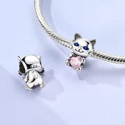 Cat Pandora Charm | Kitten Pink Heart | Blue Eyes Silver Bead | Pet Lover Gift Jewelry