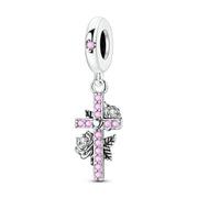 Cross Pandora Charm | Pink Rose Dangle | Sterling Silver Faith Jewelry | Religious Floral Gift