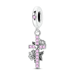 Cross Pandora Charm | Pink Rose Dangle | Sterling Silver Faith Jewelry | Religious Floral Gift
