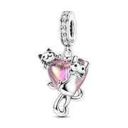 Cat Pandora Charm | Playful Kittens & Pink Heart | Silver Pet Dangle | Animal Lover Gift