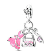 Fashion Pandora Charm | Pink Dress Bag & High Heel | Silver Shopping Dangle | Glamour Girl Gift