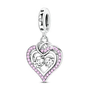 Family Pandora Charm | Boy & Girl Heart Dangle | Silver Sibling Gift | Pink Crystal Mom Bead
