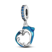 Dolphin Pandora Charm | Blue Enamel Heart Dangle | Silver Sea Ocean Life | Summer Beach Gift