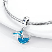 Dolphin Pandora Charm | Blue Ocean Wave Dangle | Silver Sea Life Animal | Marine Biology Gift