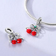 Red Cherry Bow Pandora Charm | Silver Ribbon Fruit | Summer Rockabilly | Coquette Food Bead