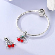 Red Cherry Bow Pandora Charm | Silver Ribbon Fruit | Summer Rockabilly | Coquette Food Bead