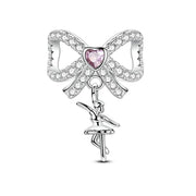 Ballerina Bow Pandora Charm | Pink Heart Crystal | Silver Dancer Dangle | Ballet Recital Gift