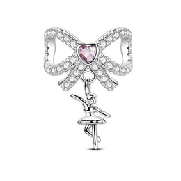 Ballerina Bow Pandora Charm | Pink Heart Crystal | Silver Dancer Dangle | Ballet Recital Gift