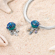 Blue Shell Pandora Charm | Seahorse Starfish Dangle | Silver Enamel Sea Life | Ocean Beach Gift
