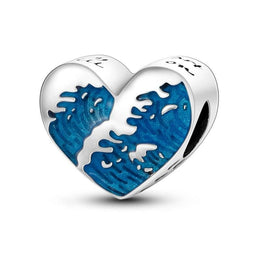 Ocean Wave Pandora Charm | Blue Enamel Heart | Silver Surf Bead | Summer Beach Gift
