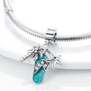 Flip Flop Pandora Charm | Palm Tree Starfish | Teal Enamel Dangle | Summer Beach Vacation Gift