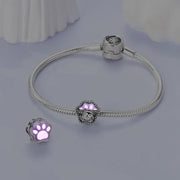 Cat Paw Pandora Charm | Glow In Dark Purple Bead | Silver Kitten Face | Pet Luminous