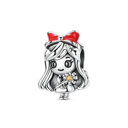 Girl Pandora Charm | Red Bow Flower Bead | Silver Anime Figure | Daughter Granddaughter Gift