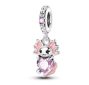 Axolotl Pandora Charm | Pink Heart Crystal | Mexican Walking Fish | Silver Dangle | Kawaii Animal Gift
