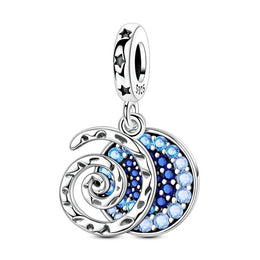 Ocean Wave Pandora Charm | Blue Crystal Disc | Silver Spiral Swirl | Wayfinder Jewelry | Summer Beach