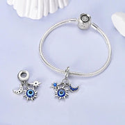 Sun Moon Star Evil Eye Pandora Charm | Celestial Triple Dangle | Blue Crystal Protection