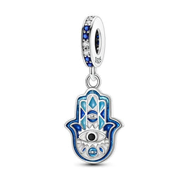 Hamsa Hand Pandora Charm | Blue Evil Eye Dangle | Silver Protection Amulet | Good Luck Gift