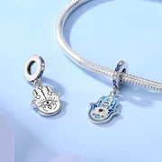 Hamsa Hand Pandora Charm | Blue Evil Eye Dangle | Silver Protection Amulet | Good Luck Gift