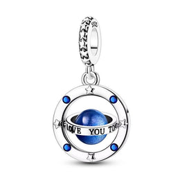 Spinning Galaxy Planet Pandora Charm | Blue Universe Bead | Silver Space Gift