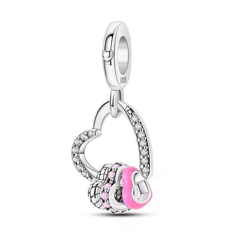 Pink Heart Triple Dangle 925 sterling silver charm