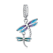 Dragonfly Pandora Charm | Blue Purple Enamel | Double Dangle | Mother Daughter Gift | Silver Insect Jewelry