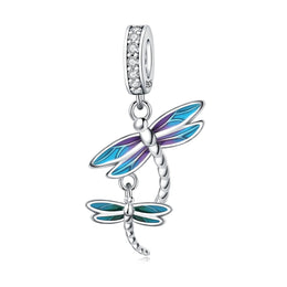 Dragonfly Pandora Charm | Blue Purple Enamel | Double Dangle | Mother Daughter Gift | Silver Insect Jewelry