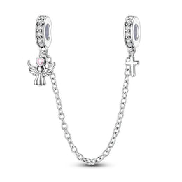 Guardian Angel Cross Pandora Charm | Safety Chain | Silver Religious Bead | Faith Baptism Gift