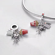 Movie Night Pandora Charm | Cinema Camera Popcorn | Silver Dangle | Hollywood Film Lover Gift