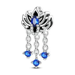 Blue Lotus Pandora Charm | Crystal Flower Chandelier | Silver Dangle Chains | Boho Spiritual Gift