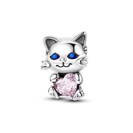 Cat Pandora Charm | Kitten Pink Heart | Blue Eyes Silver Bead | Pet Lover Gift Jewelry