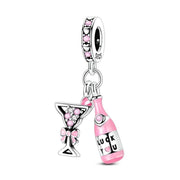 Pink Champagne Pandora Charm | Wine Bottle Glass Dangle | 21st Birthday Party Gift | Celebration Jewelry