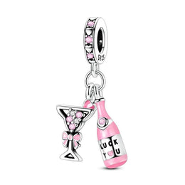 Pink Champagne Pandora Charm | Wine Bottle Glass Dangle | 21st Birthday Party Gift | Celebration Jewelry