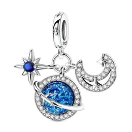 Galaxy Pandora Charm | Blue Planet & Moon Dangle | Silver Space Jewelry | Celestial Night Sky Gift