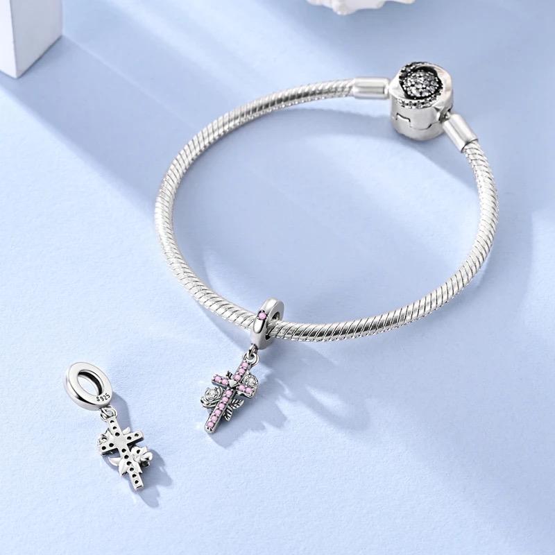 Pink Rose Cross sterling silver charm view 5