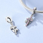 Cross Pandora Charm | Pink Rose Dangle | Sterling Silver Faith Jewelry | Religious Floral Gift