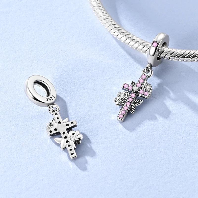 Pink Rose Cross charm detail view