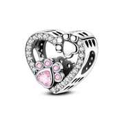 Paw Print Pandora Charm | Pink Crystal Heart Bead | Silver Dog Cat Jewelry | Memorial Gift