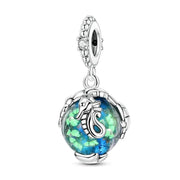 Ocean Pandora Charm | Blue Luminous Dangle | Silver Seahorse Animal | Glow in Dark Gift