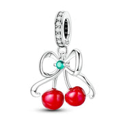 Red Cherry Bow Pandora Charm | Silver Ribbon Fruit | Summer Rockabilly | Coquette Food Bead