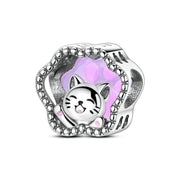 Cat Paw Pandora Charm | Glow In Dark Purple Bead | Silver Kitten Face | Pet Luminous