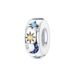 Celestial Pandora Charm | Sun Moon Star Bead | Blue Crystal Galaxy | Silver Space Jewelry Sky