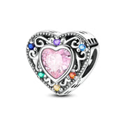 Family Heart Pandora Charm | Colorful Birthstone Crystal | Pink Bead | Mom Grandma Gift | Silver Jewelry